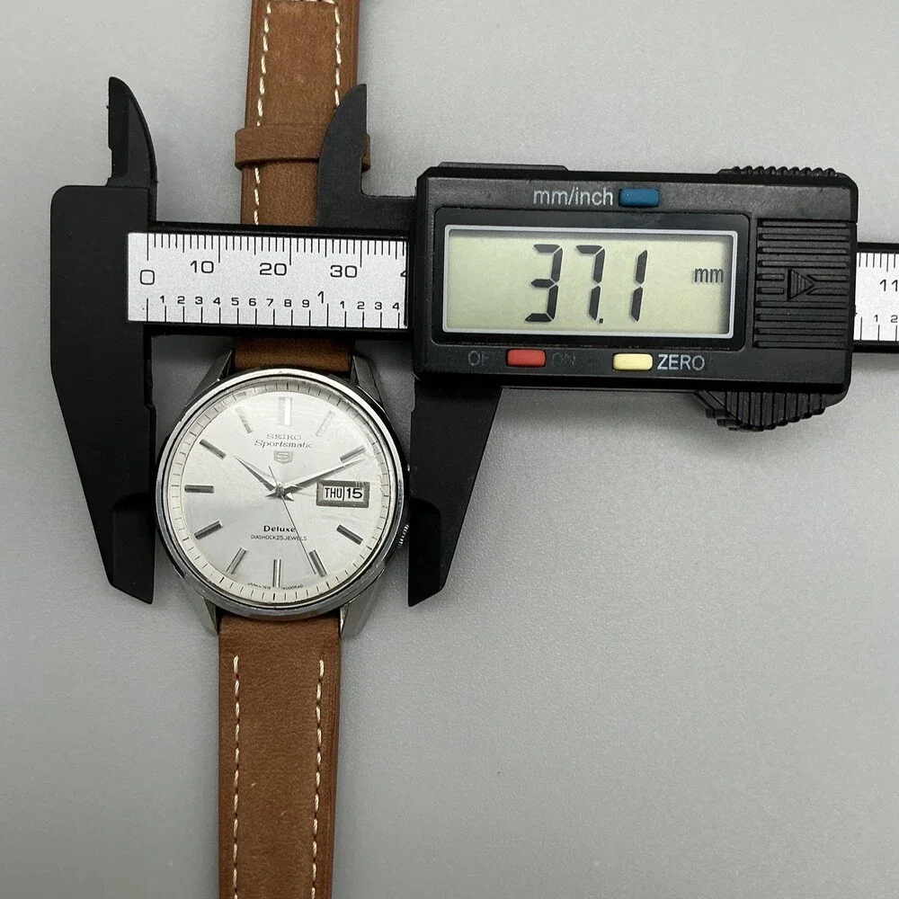 Vintage Seiko Sportsmatic 5 Deluxe Mens Watch 37mm Silver Tone Leather Automatic